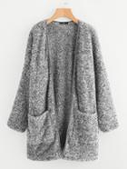 Romwe Patch Pocket Open Front Fuzzy Coat