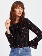 Romwe Cherry Print Bell Cuff Frilled Top