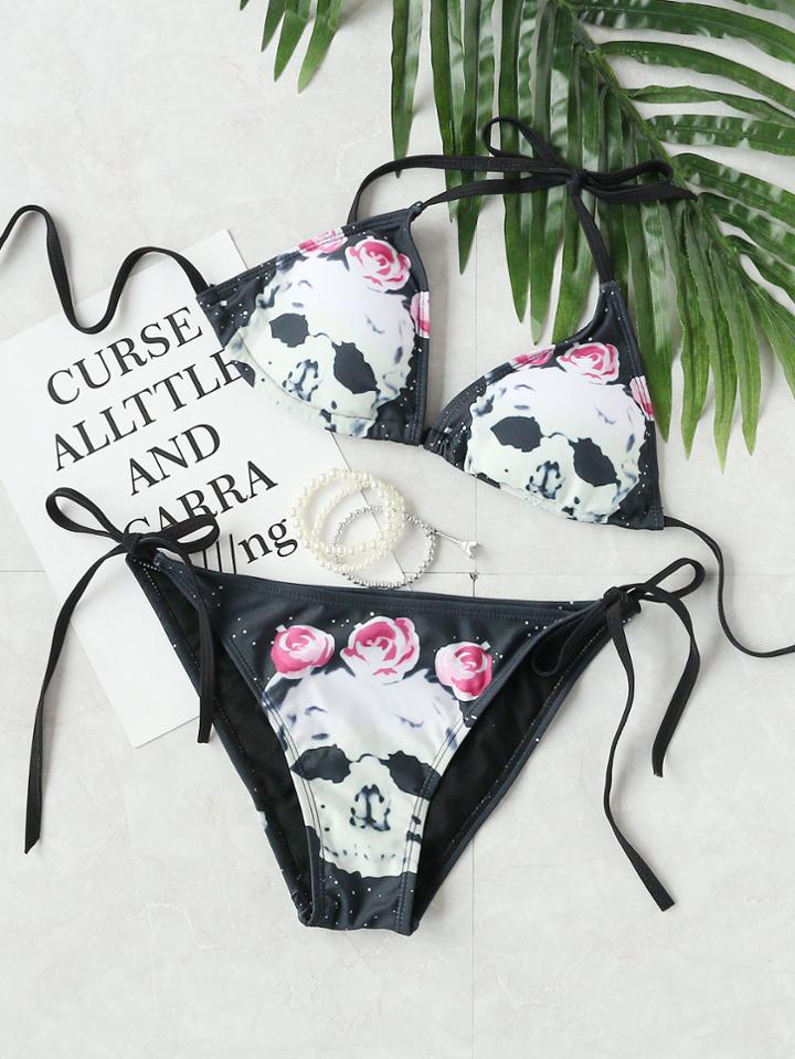 Romwe Skeleton Print Side Tie Halter Bikini Set