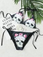 Romwe Skeleton Print Side Tie Halter Bikini Set