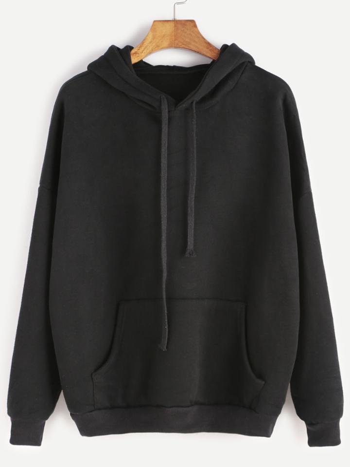 Romwe Black Dropped Shoulder Seam Drawstring Hooded Pocket Sweatshirt