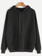 Romwe Black Dropped Shoulder Seam Drawstring Hooded Pocket Sweatshirt