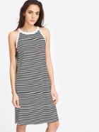 Romwe Black And White Striped Halter Dress