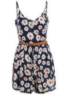 Romwe Spaghetti Strap With Belt Daisy Print Blue Romper