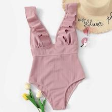 Romwe Plunge Neck Ruffle One Piece Swimsuit