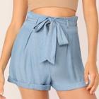 Romwe Solid High Waist Cuffed Belted Shorts