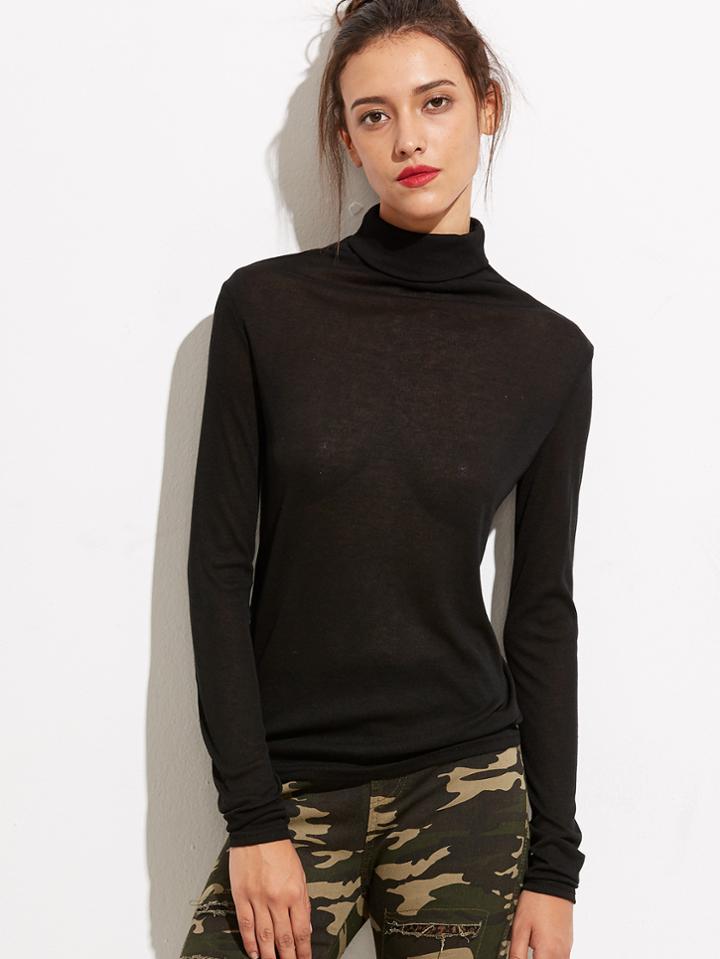 Romwe Black Turtleneck Long Sleeve T-shirt