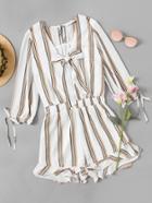 Romwe Striped Bow Tie Front Drawstring Cuff Frill Romper