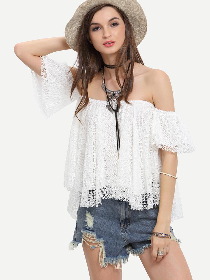 Romwe Hollow Out Crochet Off-the-shoulder Swing Blouse
