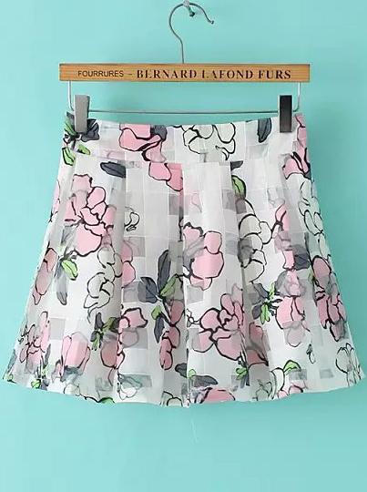 Romwe Florals Organza Pleated White Skirt
