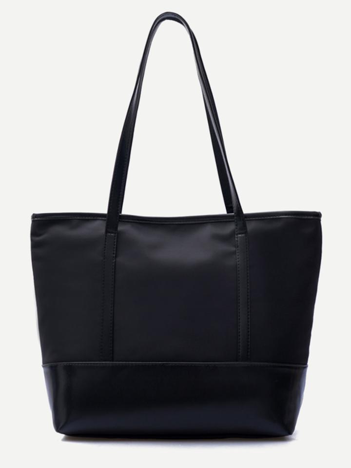 Romwe Black Pu Trim Nylon Tote Bag