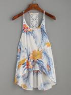Romwe White Crochet Racerback Tropical Print Cami Top