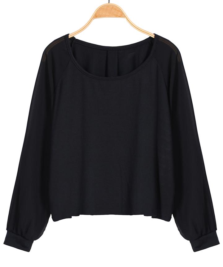 Romwe Contrast Chiffon Loose Crop Black Sweatshirt