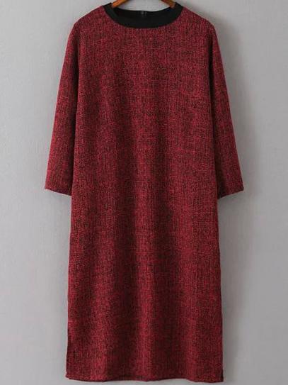 Romwe Round Neck Slit Wine Red Dress