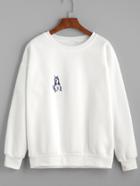 Romwe White Drop Shoulder Dog Embroidered Sweatshirt
