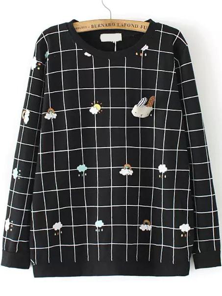 Romwe Long Sleeve Plaid Cloud Print Black T-shirt