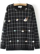 Romwe Long Sleeve Plaid Cloud Print Black T-shirt