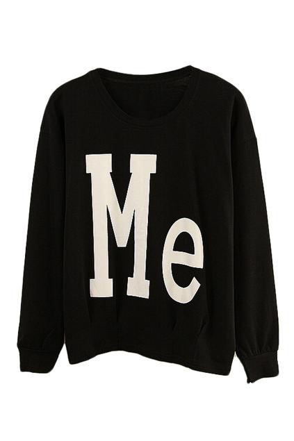 Romwe Me Print Loose Black Sweatshirt