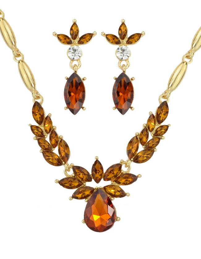 Romwe Coffee Rhinestone Necklace Earrings Women Wedding Jewelry Set