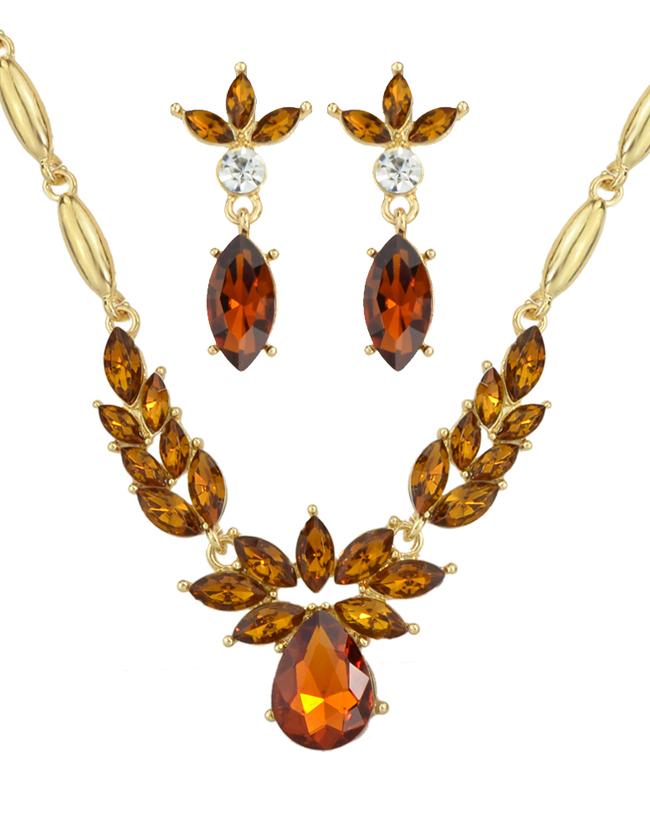 Romwe Coffee Rhinestone Necklace Earrings Women Wedding Jewelry Set