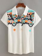 Romwe Flower Embroidered Short Sleeve Blouse