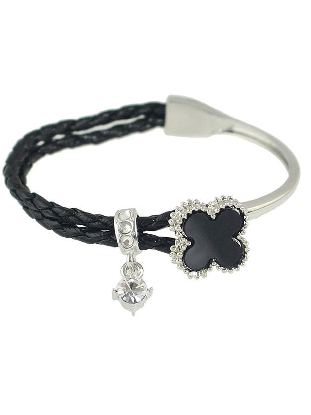 Romwe Black Rhinestone Braided Pu Leather Chain Link Bracelet