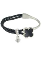 Romwe Black Rhinestone Braided Pu Leather Chain Link Bracelet