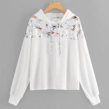 Romwe Plus Contrast Mesh Bird Print Hooded Sweatshirt