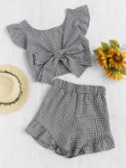 Romwe Gingham Frill Trim Bow Tie Back Top With Shorts