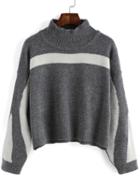 Romwe Mock Neck Striped Crop Grey Sweater