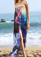 Romwe Blue Strapless Floral Split Backless Dress