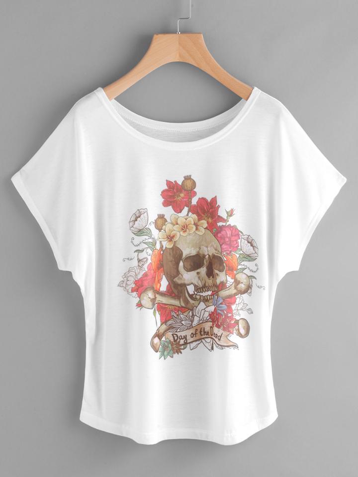 Romwe Skull Print Cap Sleeve Tee