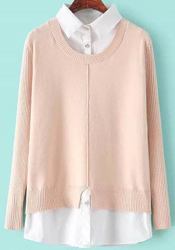 Romwe Contrast Lapel Knit Apricot Sweater