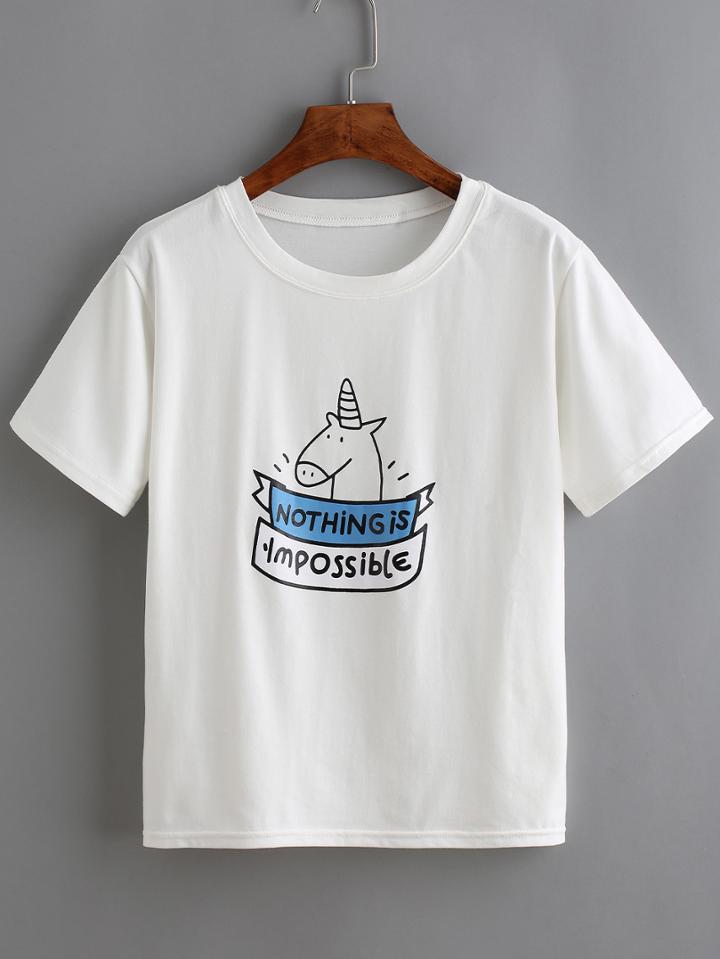 Romwe Horse Print White T-shirt