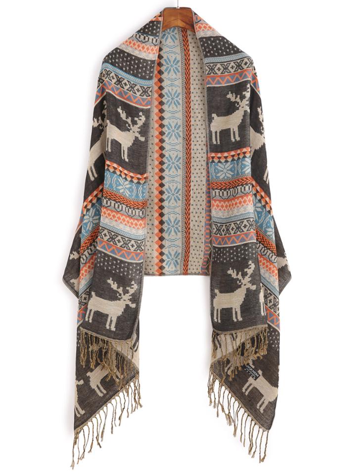 Romwe Multicolor Print Long Tassel Scarf