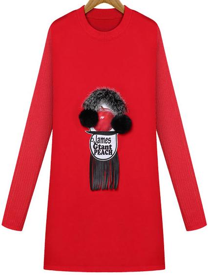 Romwe Round Neck Cartoon Patterned Tassel Red Dress