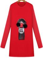 Romwe Round Neck Cartoon Patterned Tassel Red Dress