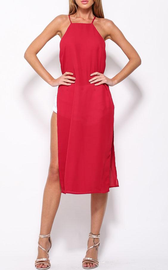 Romwe Halter Side Split Red Dress