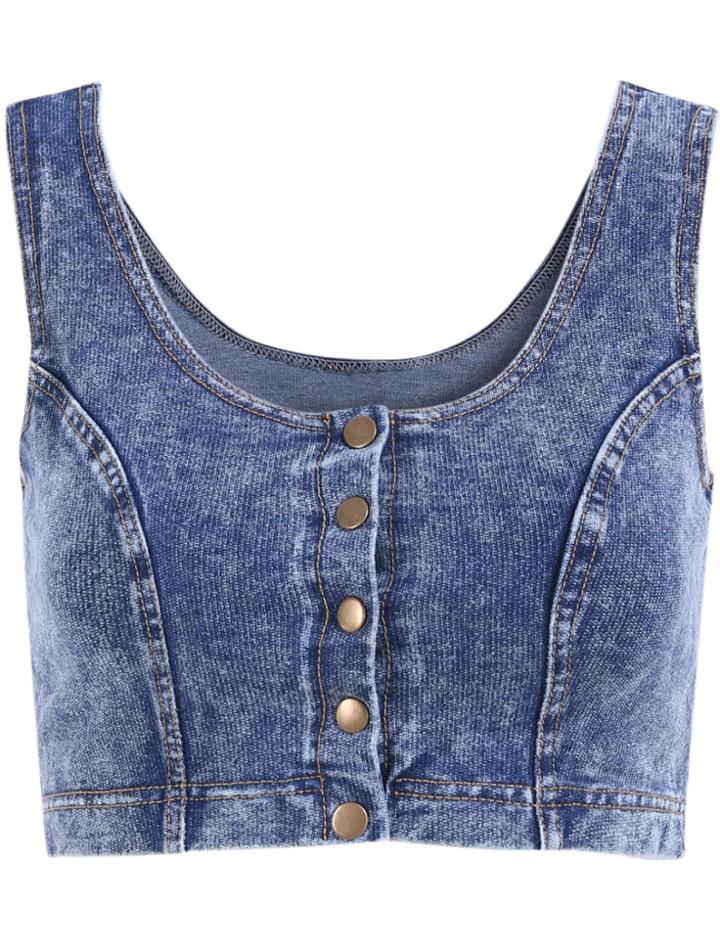Romwe Scoop Neck Crop Denim Vest