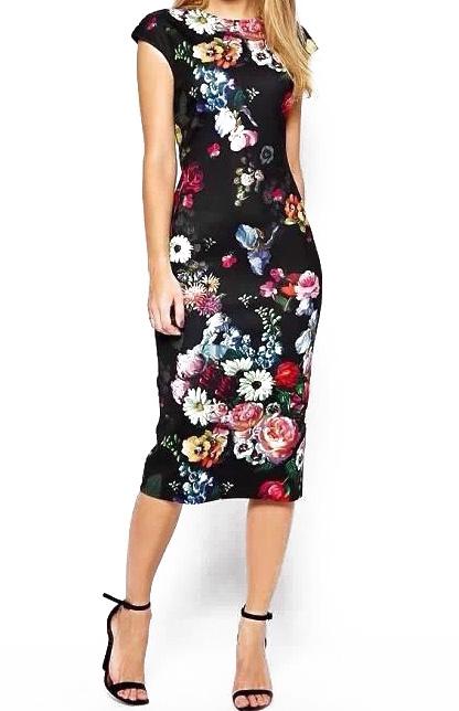 Romwe Round Neck Flower Print Slim Dress