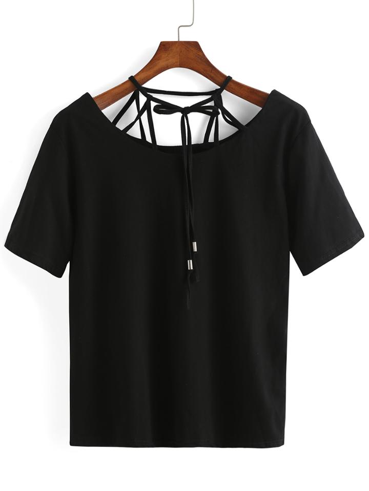 Romwe Lace Up Hollow Black T-shirt