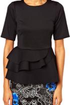 Romwe Layered Falbala Cropped Black Blouse