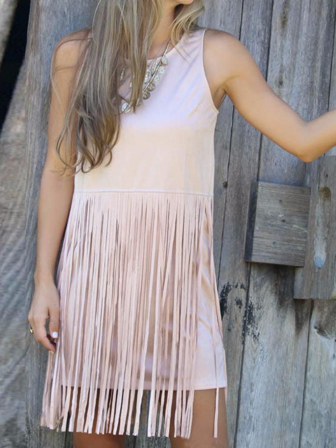 Romwe Sleeveless Fringe Suede Simple Pink Dress