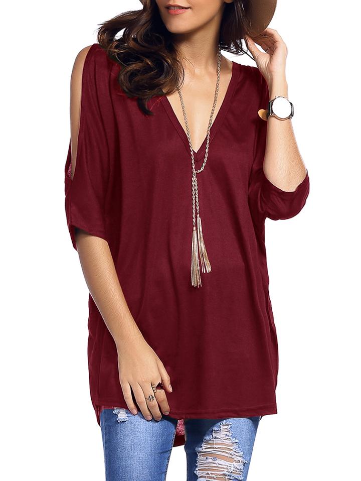 Romwe Burgundy Deep V Neck Split Sleeve T-shirt