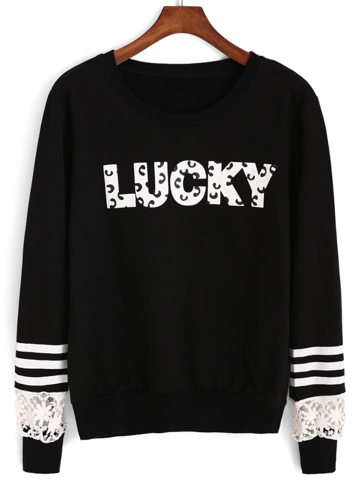 Romwe Contrast Lace Letter Print Sweatshirt