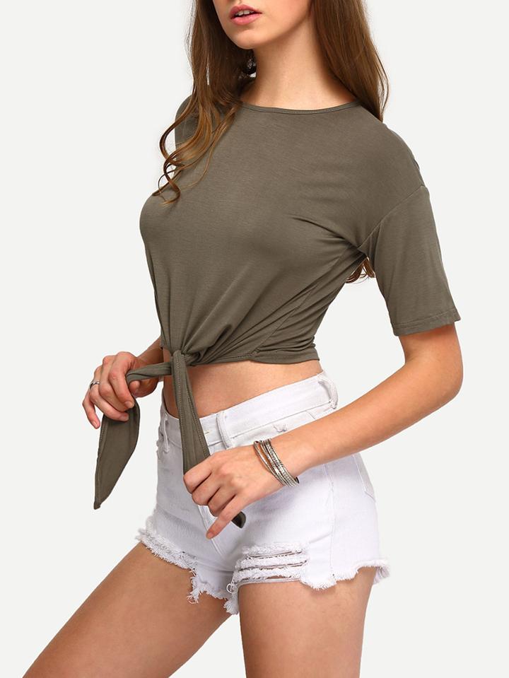 Romwe Army Green Knotted Crop T-shirt