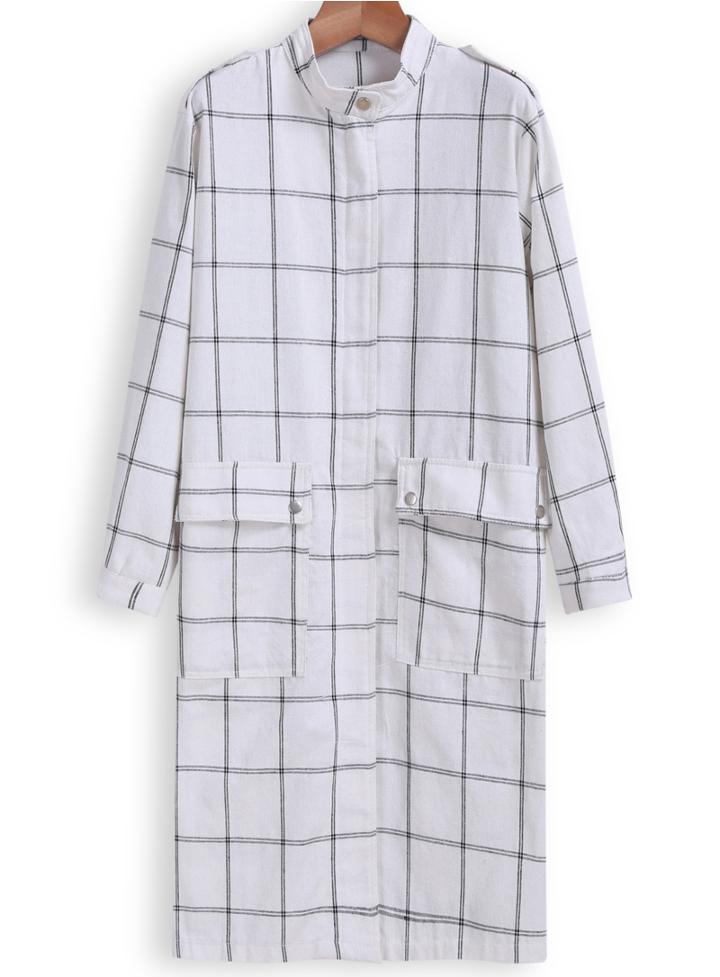 Romwe With Zipper Plaid Long White Blouse
