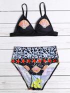 Romwe Black Shell Print High Waist Bikini Set
