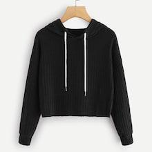 Romwe Drop Shoulder Drawstring Ribbed Hoodie