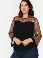 Romwe Flower Embroidered Mesh Sleeve Top